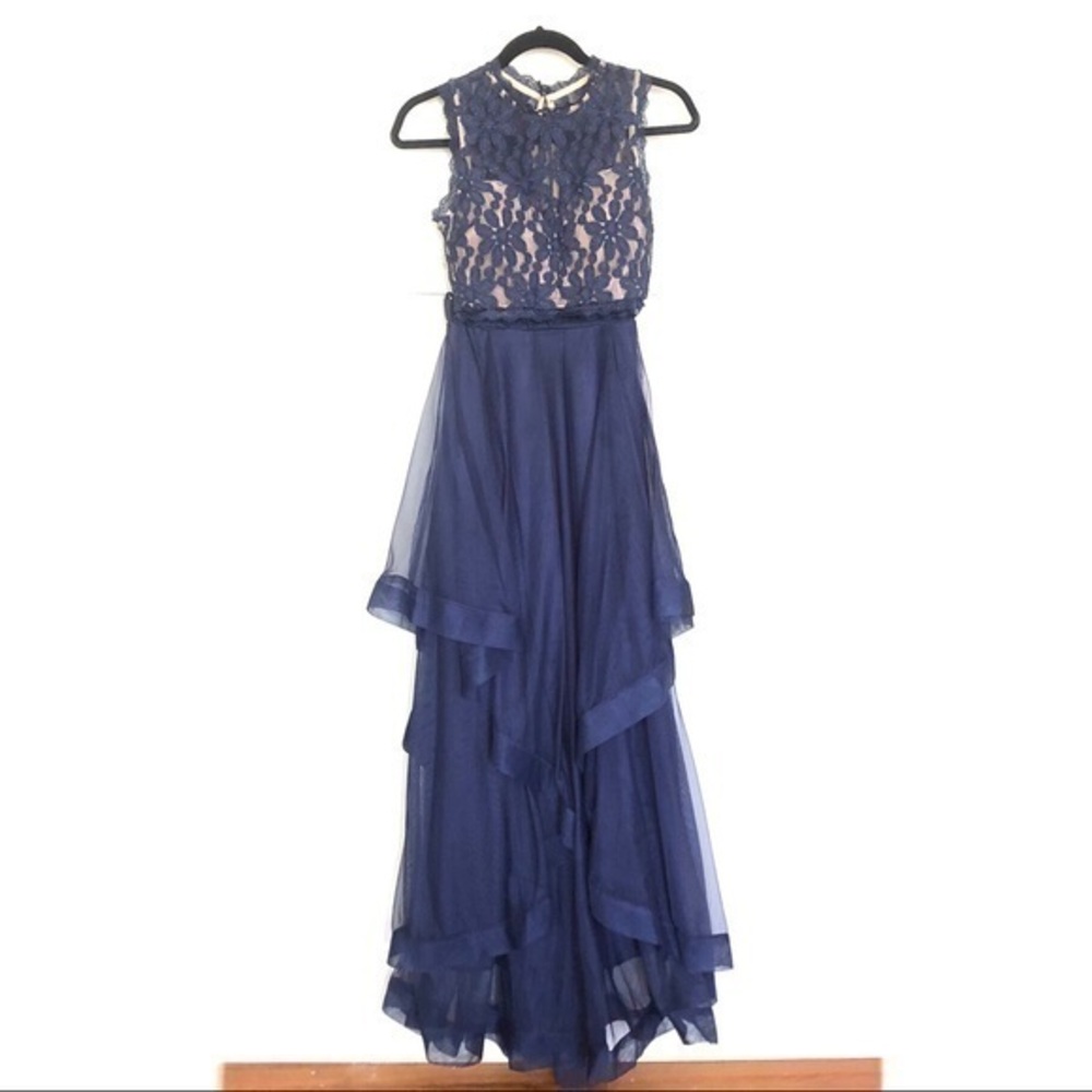 Xtraordinary Navy Taupe Lace Two Piece Formal Dress 1